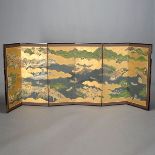 A Japanese Painted Six-Panel Folding Screen Depicting a busy scene of figures within a mountainous