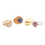 Collection of Multi-Stone, Diamond, Yellow Gold Rings. Including one round-cut sapphire, 14k