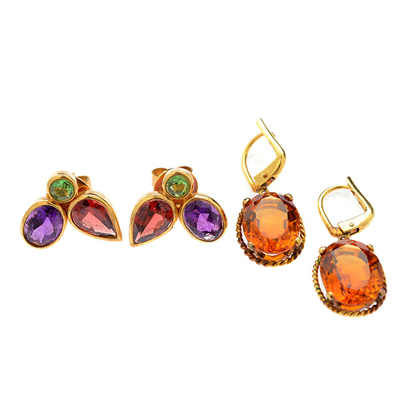Collection of Two Pairs of Garnet, Citrine, Amethyst, Yellow Gold Earrings. Including one pair of