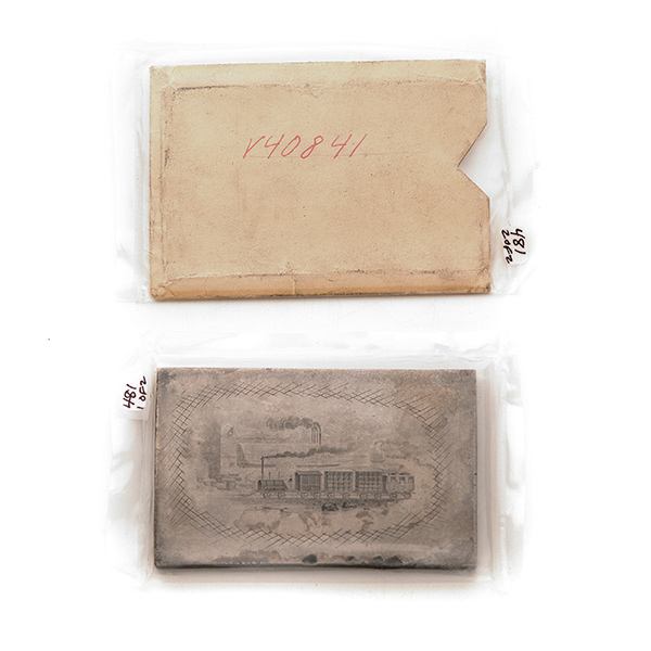 Early Locomotive Vignette Bond Print Press Plate.  Steel 4 x 2.5 inches, early original depiction of