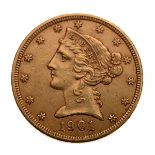 US 1901 Liberty Head $5.00 Gold Coin.