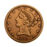 US 1899(S) Liberty Head $5.00 Gold Coin.