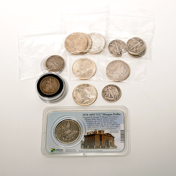 Lot of US Silver Coins.  Includes (5) Morgan Dollars 1890 CC in Littleton Coin Company holder;