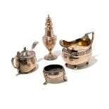 Four English Sterling Articles: Comprising a Regency creamer, a mustard jar, a tripod salt, and a