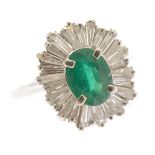 Emerald, Diamond, 14k White Gold Ring. Centering one oval-cut emerald weighing approximately 1.05