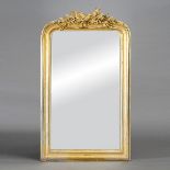 Louis XVI Style Giltwood Gessoed Pier Mirror, surmounted by a floral swaged military trophy with