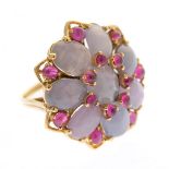 Star Sapphire, Ruby, 14k Yellow Gold Ring. Centering one round star sapphire cabochon measuring