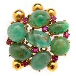 Emerald, Ruby, 14k Yellow Gold Brooch. Featuring seven oval emerald cabochons ranging in size from