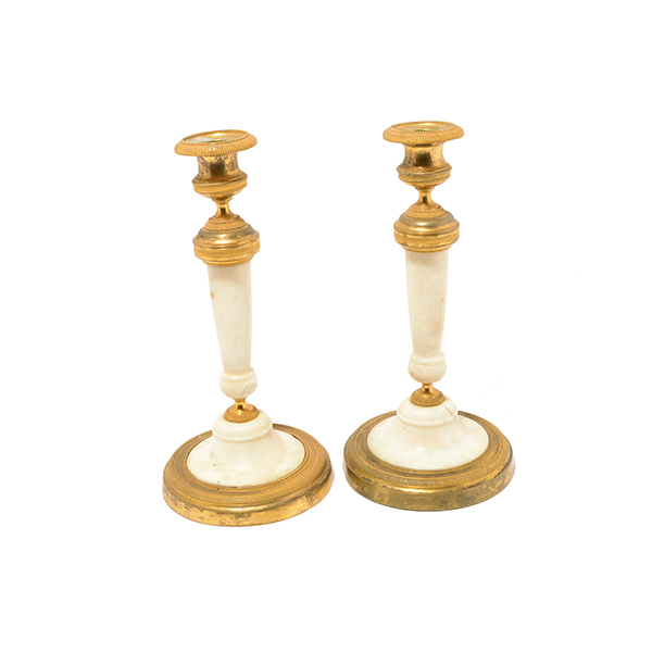 Pair of Empire Alabaster Gilt Bronze Mounted Candlesticks {Height 11 1/4 inches} [Wear to gilt