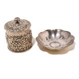 Tiffany Sterling Silver Repousse Tea Canister and Floriform Dish, canister marked 8793M9960, dish