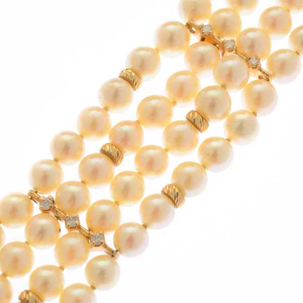Cultured Pearl, Diamond, 14k Yellow Gold Bracelet. Featuring one hundred and four cultured pearls
