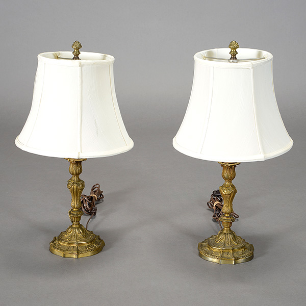 Pair of Louis XV Style Gilt Brass Candlesticks Converted to Lamps, with shades {Height to finial