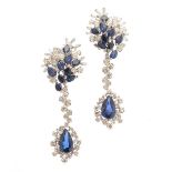 Pair of Sapphire, Diamond, Platinum, 14k White Gold Earrings. Each featuring one pear-cut sapphire
