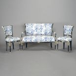 Louis XVI Style Silver Banded Ebonized Framed Settee, en suite with Two Matching Armchairs {