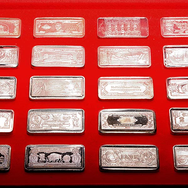 Lot of 52 Silver Ingots Depicting U.S. Currency. Each piece weighs 2 ounces, comes in wooden - Image 4 of 5
