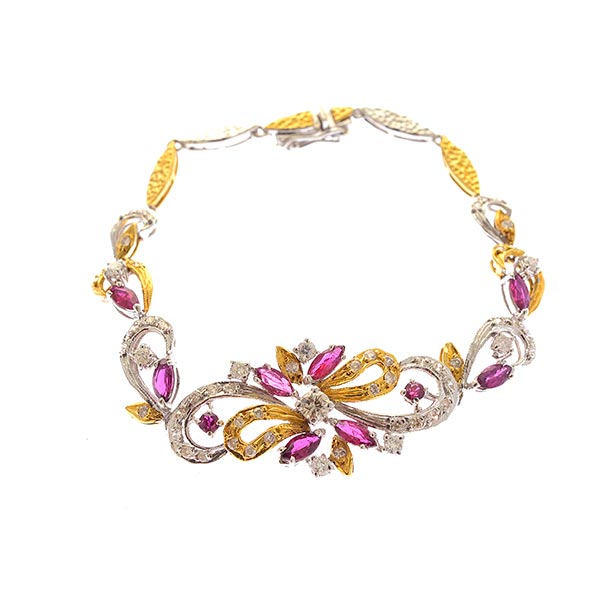 Ruby, Diamond, 14k Gold Jewelry Suite. Including one ruby, diamond, 14k yellow and white gold floral - Image 3 of 4