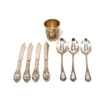 Russian 84 Standard Niello Vodka Cup, Three Teaspoons, and Four Fruit Knives {Total silver weight