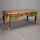 Louis XV Style Gilt Bronze Kingwood Bureau Plat, fitted with a gilt tooled brown leather top,