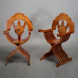 Pair of Renaissance Revival Brass Inlaid Savonarola Chairs {Dimensions 45 x 27 x 24 1/2 inches}