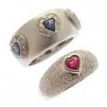 Collection of Two Ruby, Sapphire, Diamond, 18k White Gold Heart Rings. Including one three heart-cut