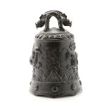 A Bronze Bell The bell cast with a twin dragon loop handle, the exterior decorated with opposing