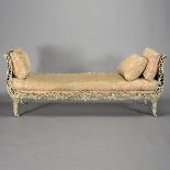 Fortuny Upholstered Silvered Metal Settee {Dimensions 34 x 87 x 26 inches} [Some small losses to