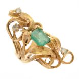 Emerald, Diamond, 14k Yellow Gold Ring. Centering one emerald-cut emerald weighing approximately 3.