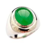 Jade, 14k White Gold Ring. Featuring one oval jadeite cabochon measuring approximately 15 x 10 mm,