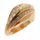 Diamond, 14k Yellow Gold Ring. Featuring eight baguette-cut and twenty full-cut diamonds weighing