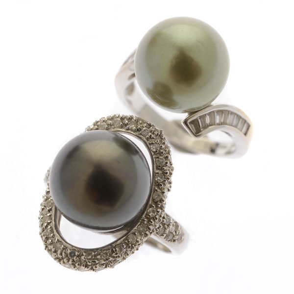 Collection of Two Cultured Pearl, Diamond, 18k White Gold Rings. Including one 11.9 mm cultured