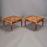 Pair of Louis XV Square Gilt Bronze Marquetry Tables {Dimensions 19 3/4 x 28 1/2 x 28 1/2 inches}