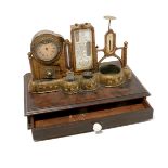 C.H. Wight Are Perennius Tole & Walnut & Brass Desk Set, comprising a clock (missing hands), a