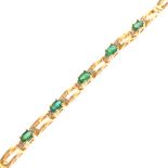 Emerald, Diamond, 14k Yellow Gold Bracelet. Featuring five oval-cut emeralds weighing a total of