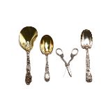 Four Tiffany Sterling Serving Pieces: Comprising a leaf spoon in the Vine pattern; an oyster shape