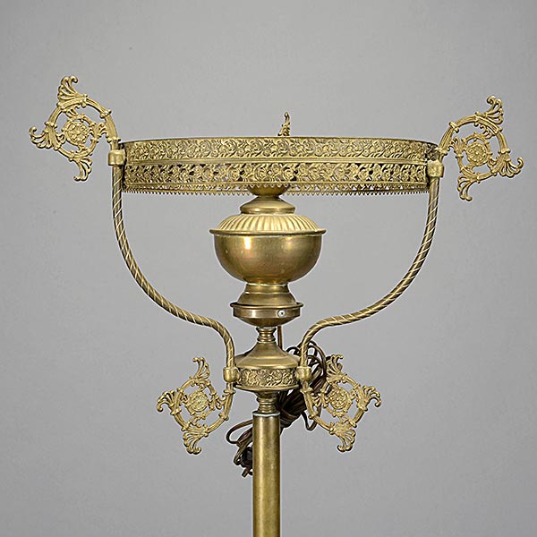 Victorian Brass Floor Lamp, with four supports and pansy glass shade {Overall height 72 inches; - Image 5 of 5