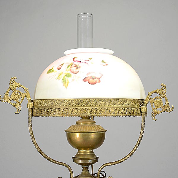 Victorian Brass Floor Lamp, with four supports and pansy glass shade {Overall height 72 inches; - Image 2 of 5