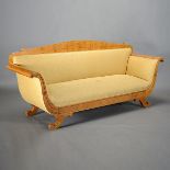 Biedermeier Upholstered Fruitwood Sofa with An Arched Crest, Scrolling Arms and Legs {Dimensions