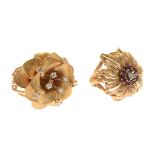 Collection of Two Diamond, Ruby, 14k Yellow Gold Flower Rings. Including one diamond, 14k yellow