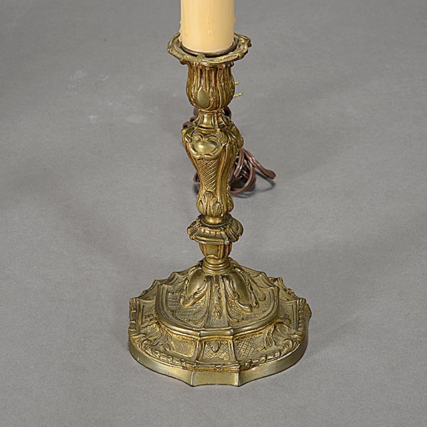 Pair of Louis XV Style Gilt Brass Candlesticks Converted to Lamps, with shades {Height to finial - Image 3 of 4
