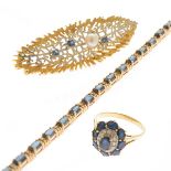 Sapphire, Diamond, Cultured Pearl, 14k Gold Jewelry Suite. Including one sapphire, cultured pearl,