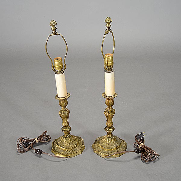 Pair of Louis XV Style Gilt Brass Candlesticks Converted to Lamps, with shades {Height to finial - Image 4 of 4