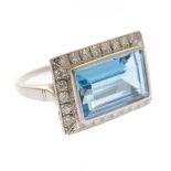 Aquamarine, Diamond, Platinum Ring. Centering one emerald-cut aquamarine weighing approximately 4.80