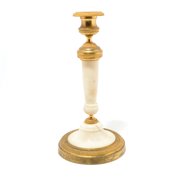 Pair of Empire Alabaster Gilt Bronze Mounted Candlesticks {Height 11 1/4 inches} [Wear to gilt - Image 2 of 6