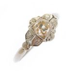 Diamond, 18k White Gold Ring. Centering one old mine-cut diamond weighing approximately 0.75 ct.,