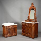 Renaissance Revival Marble Top Flame Veneer Four Drawer Dresser with Mirror and Matching Wash