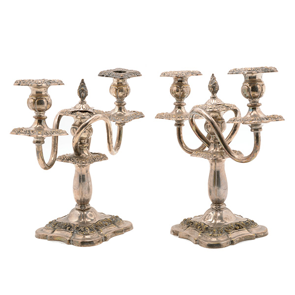 Pair of Sheffield Silver Plate Three Light Candelabra {Height 10 3/4 inches, width 11 inches}