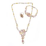 Ruby, Diamond, 14k Gold Jewelry Suite. Including one ruby, diamond, 14k yellow and white gold floral