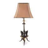 Aesthetic Movement Gilt and Patinated Bronze Figural Lamp, fitted with a bronze harp cage frame with