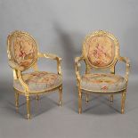 Pair of Neoclassical Style Giltwood Fauteuil Armchairs, with petit point upholstery {Dimensions 37