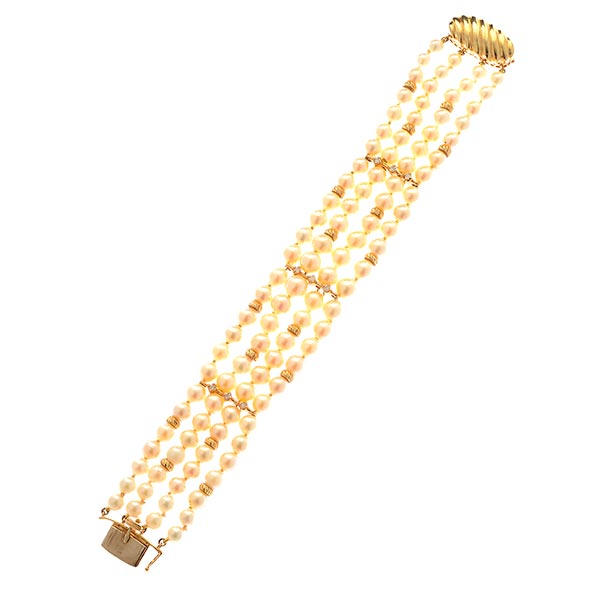 Cultured Pearl, Diamond, 14k Yellow Gold Bracelet. Featuring one hundred and four cultured pearls - Image 4 of 4